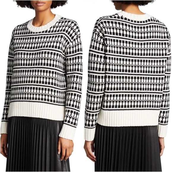 JASON WU Cropped Geometric Graphic Stripe Wool Sweater in Black & Ivory Size XS - Picture 5 of 7
